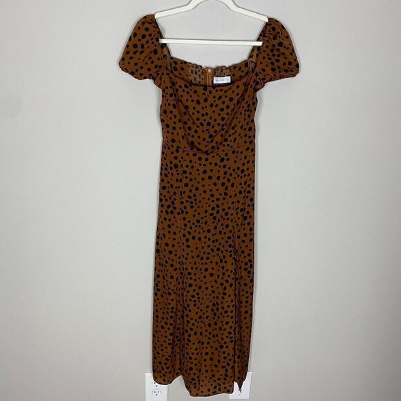 JL Luxe Kourt Cheetah Animal Print Midi Dress Womens 4 Brown Square Neck Smocked - Picture 1 of 9